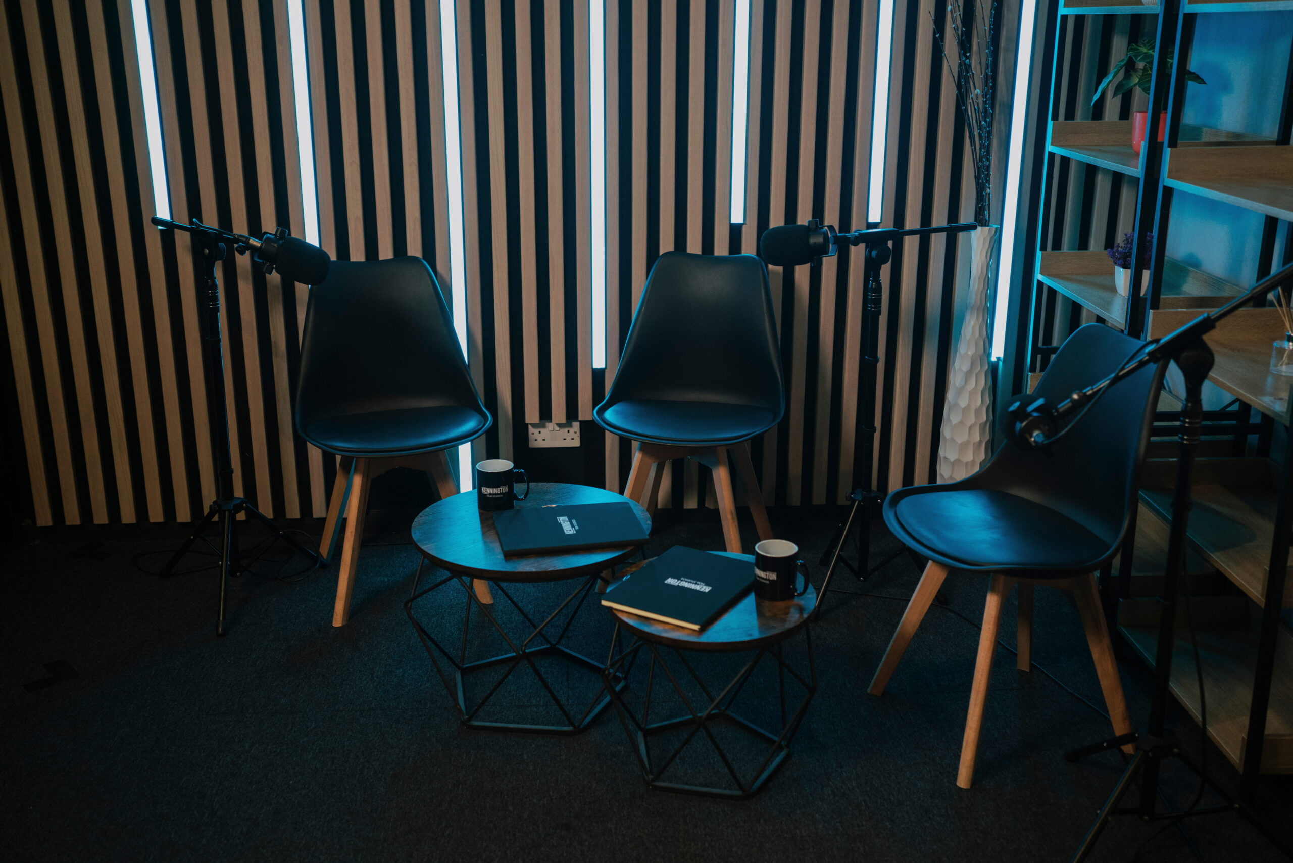 Current podcast seating and microphone setup at Kennington Podcast Studios