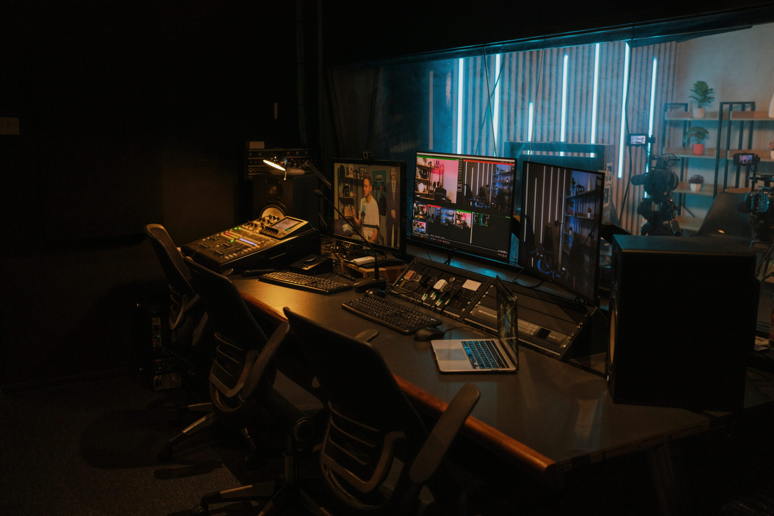 Audio and video control desk at Kennington Podcast Studios