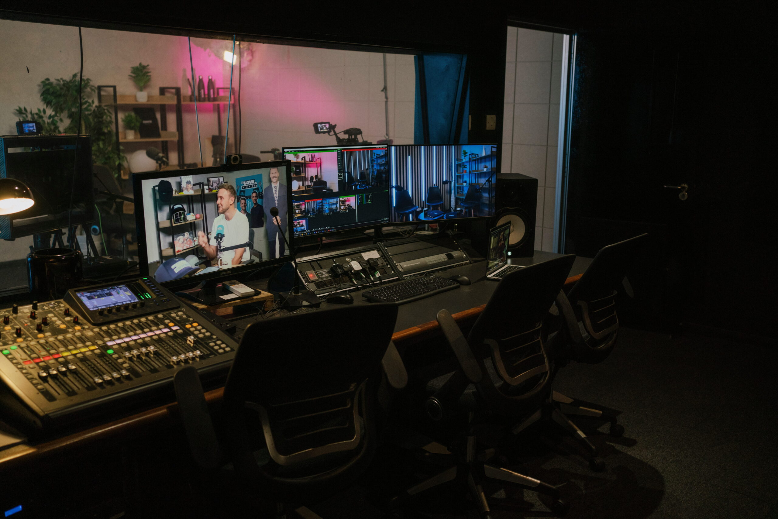 Video podcast production control room at Kennington Podcast Studios