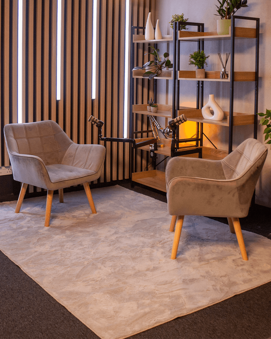 Warm conversational podcast set at Kennington Podcast Studios