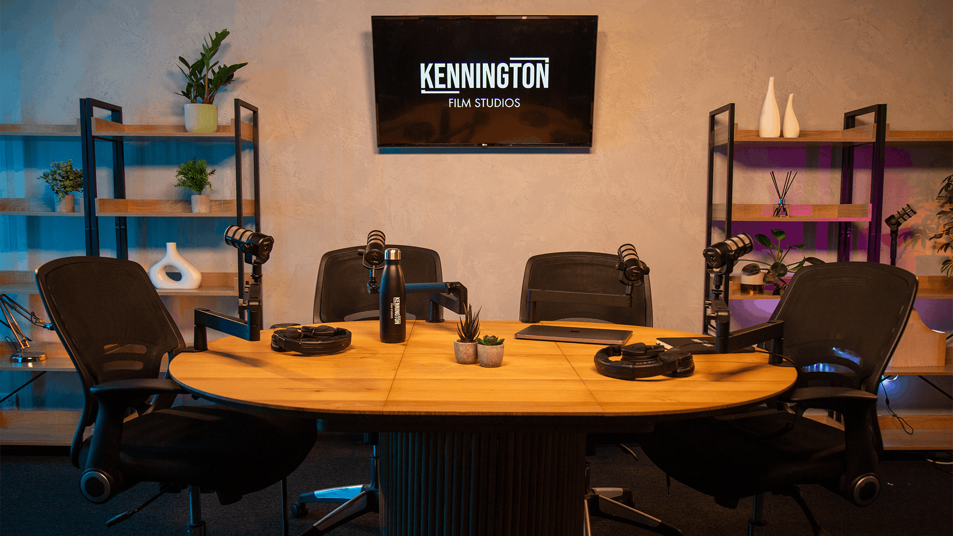 Four-microphone podcast recording setup at Kennington Podcast Studios