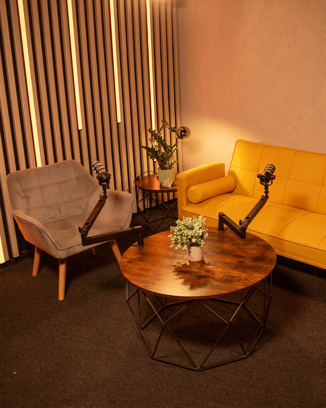 Colour-lit podcast recording set at Kennington Podcast Studios